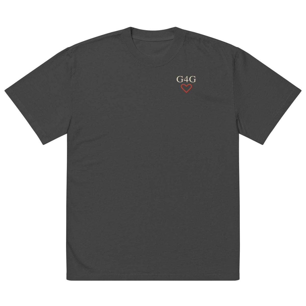 Open Hearts Club oversized faded black tee, front with small G4G heart mark at the left chest