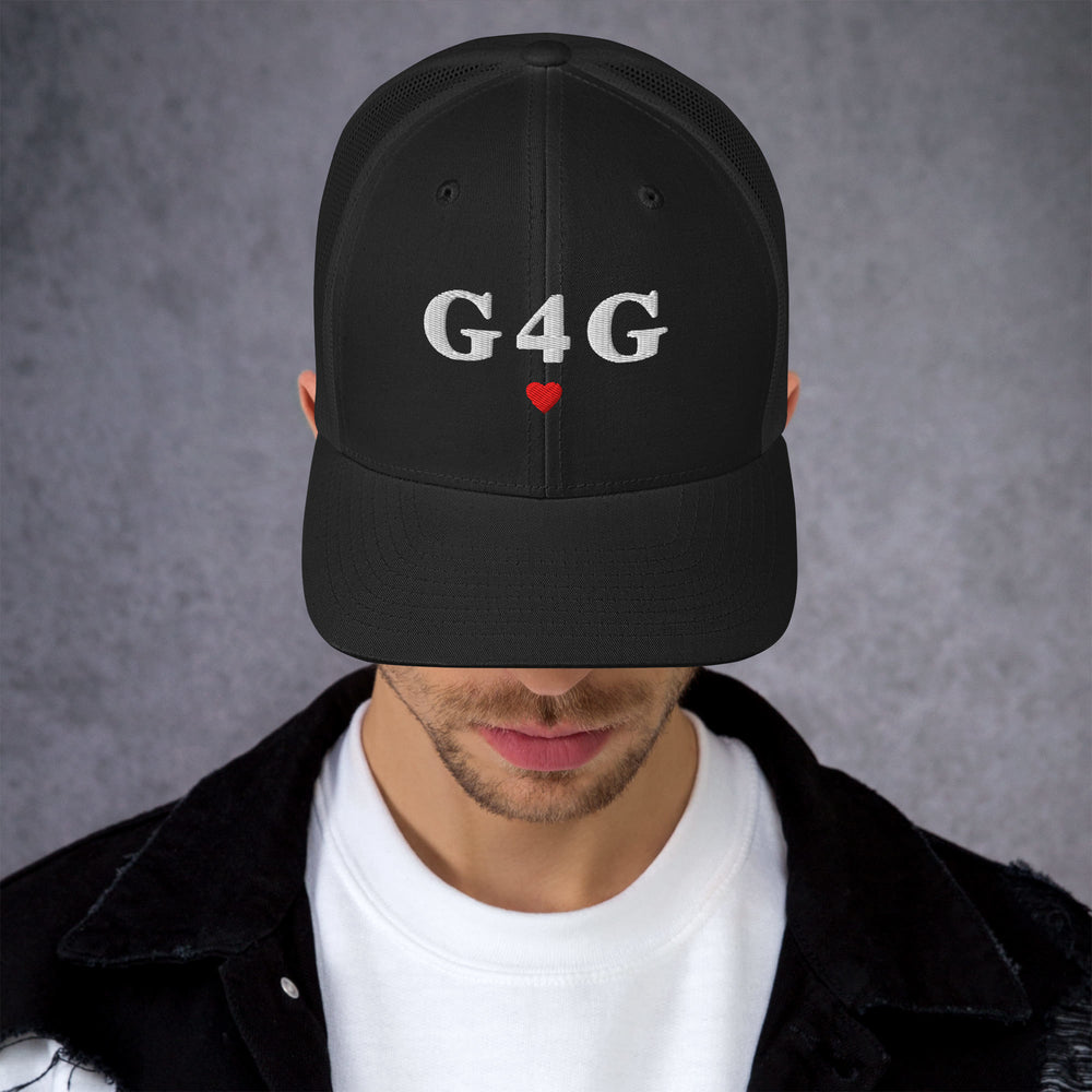 G4G Trucker Hat in Black — front view, product mockup