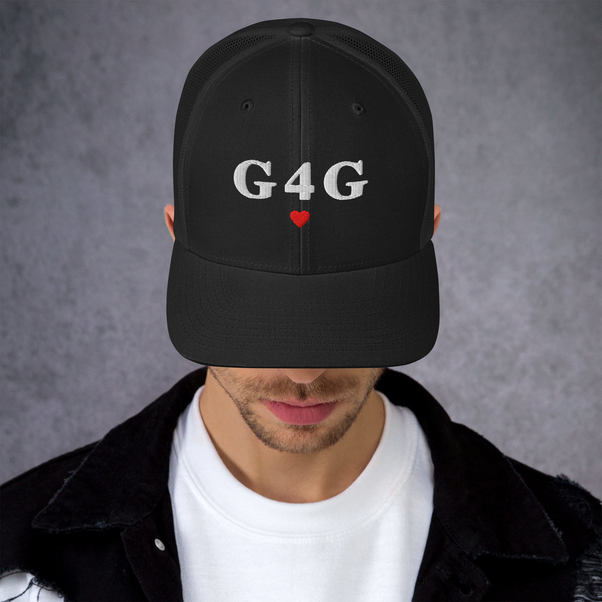 G4G Trucker Hat in Black — front view, product mockup