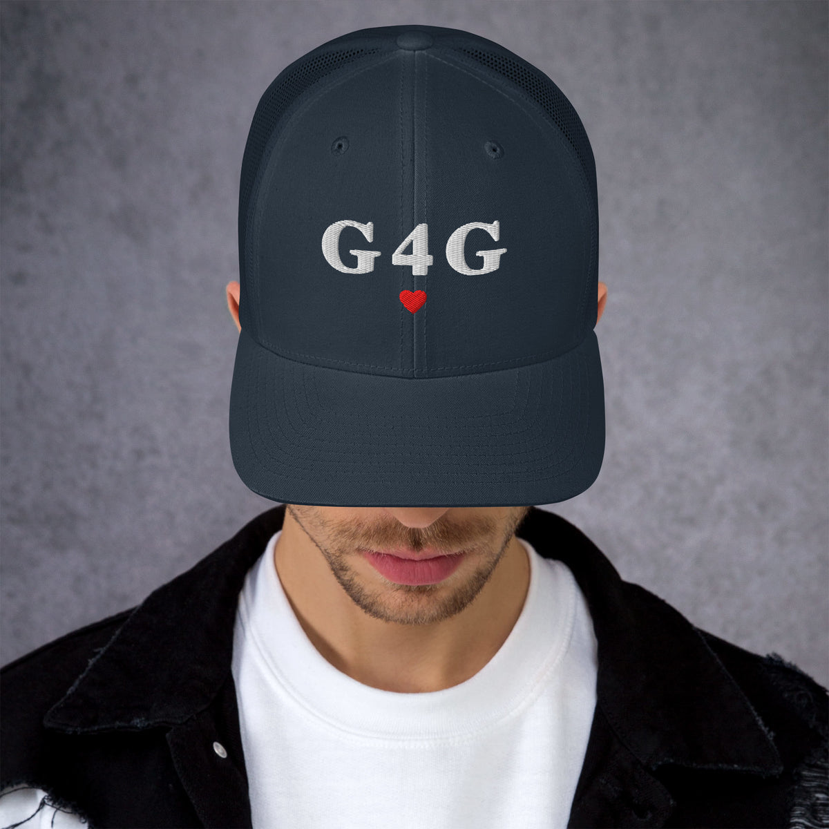 G4G Trucker Hat in Navy — front view, product mockup