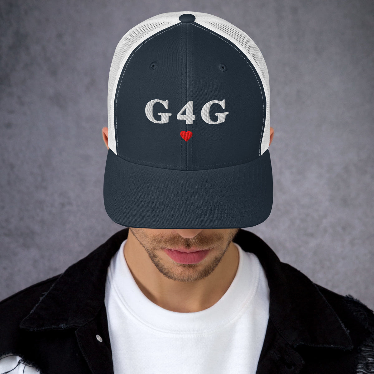 G4G Trucker Hat in Navy / White — front view, product mockup