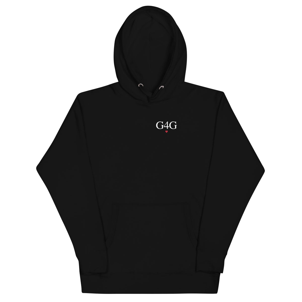 G4G Heart Hoodie in Black — front view, product mockup