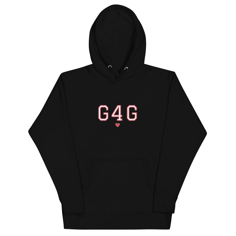 G4G Varsity Hoodie in Black — front view, product mockup