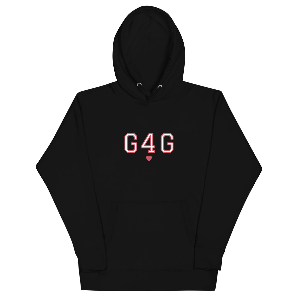 G4G Varsity Hoodie in Black — front view, product mockup