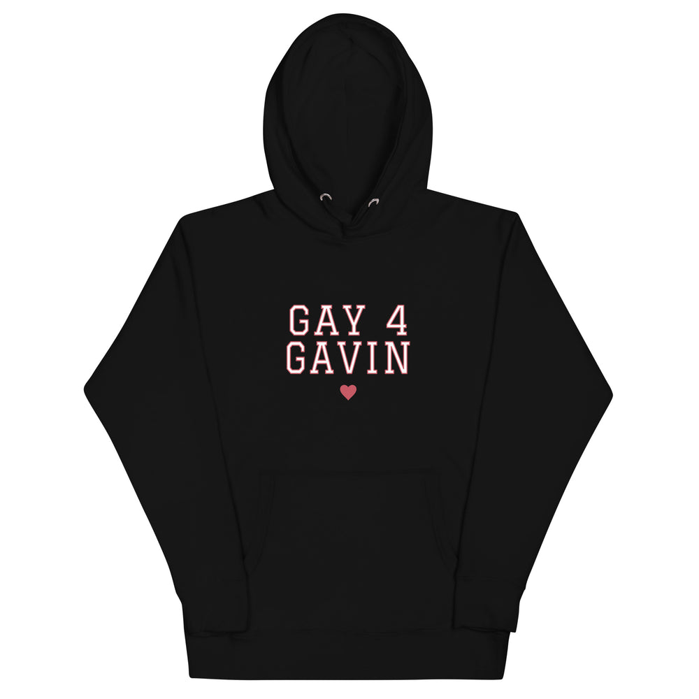 Gay 4 Gavin Varsity Hoodie in Black — front view, product mockup