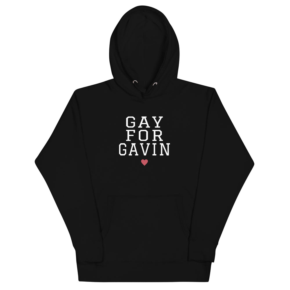 Gay for Gavin Hoodie in Black — front view, product mockup