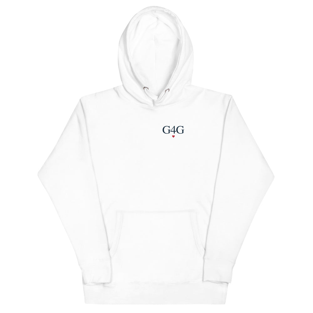 G4G Heart Hoodie in White — front view, product mockup