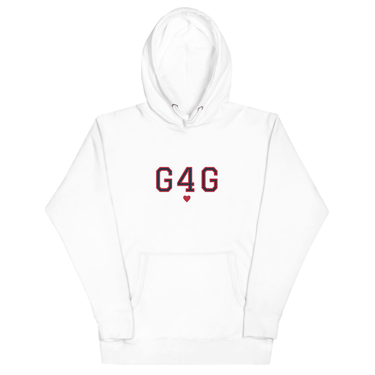 G4G Varsity Hoodie in White — front view, product mockup
