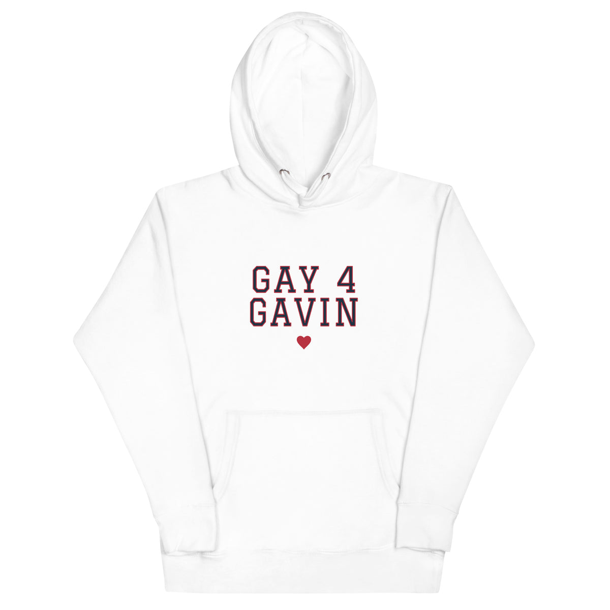 Gay 4 Gavin Varsity Hoodie in White — front view, product mockup