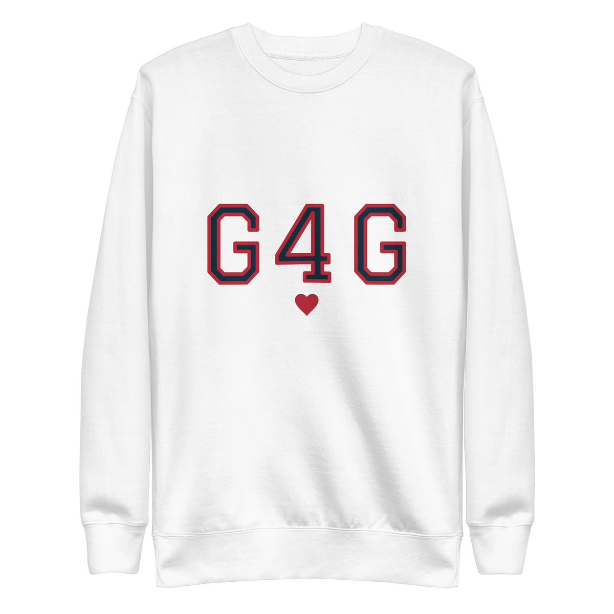 G4G Varsity Crewneck in White — front view, product mockup