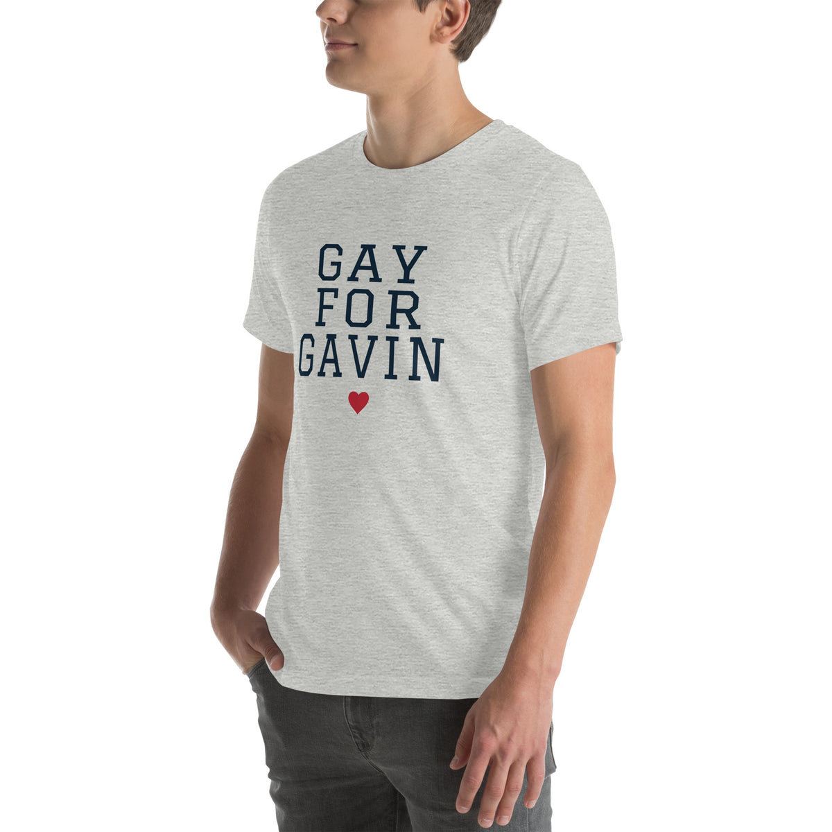 Gay for Gavin Stacked Tee in Athletic Heather — left front view, product mockup