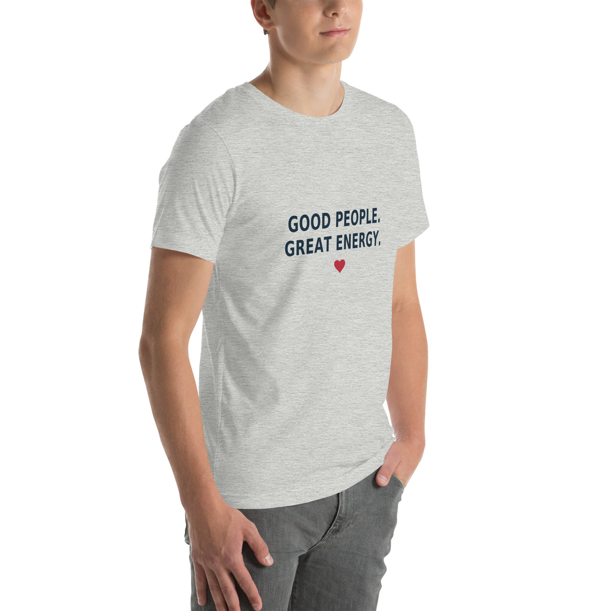 Good People Tee in Athletic Heather — right front view, product mockup