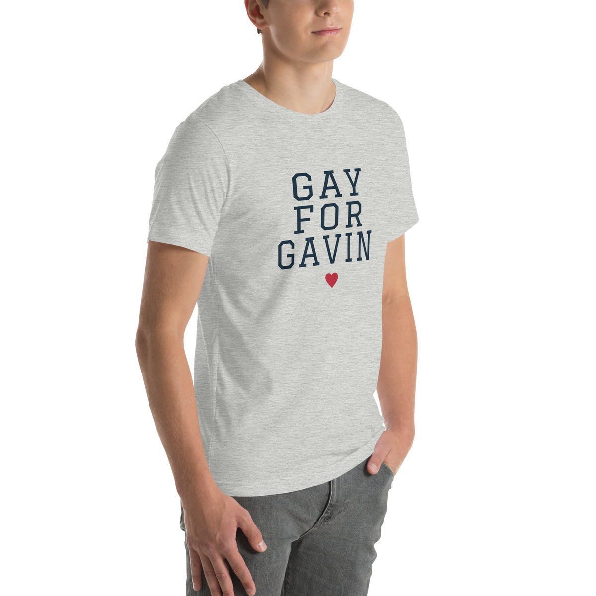 Gay for Gavin Stacked Tee in Athletic Heather — right front view, product mockup