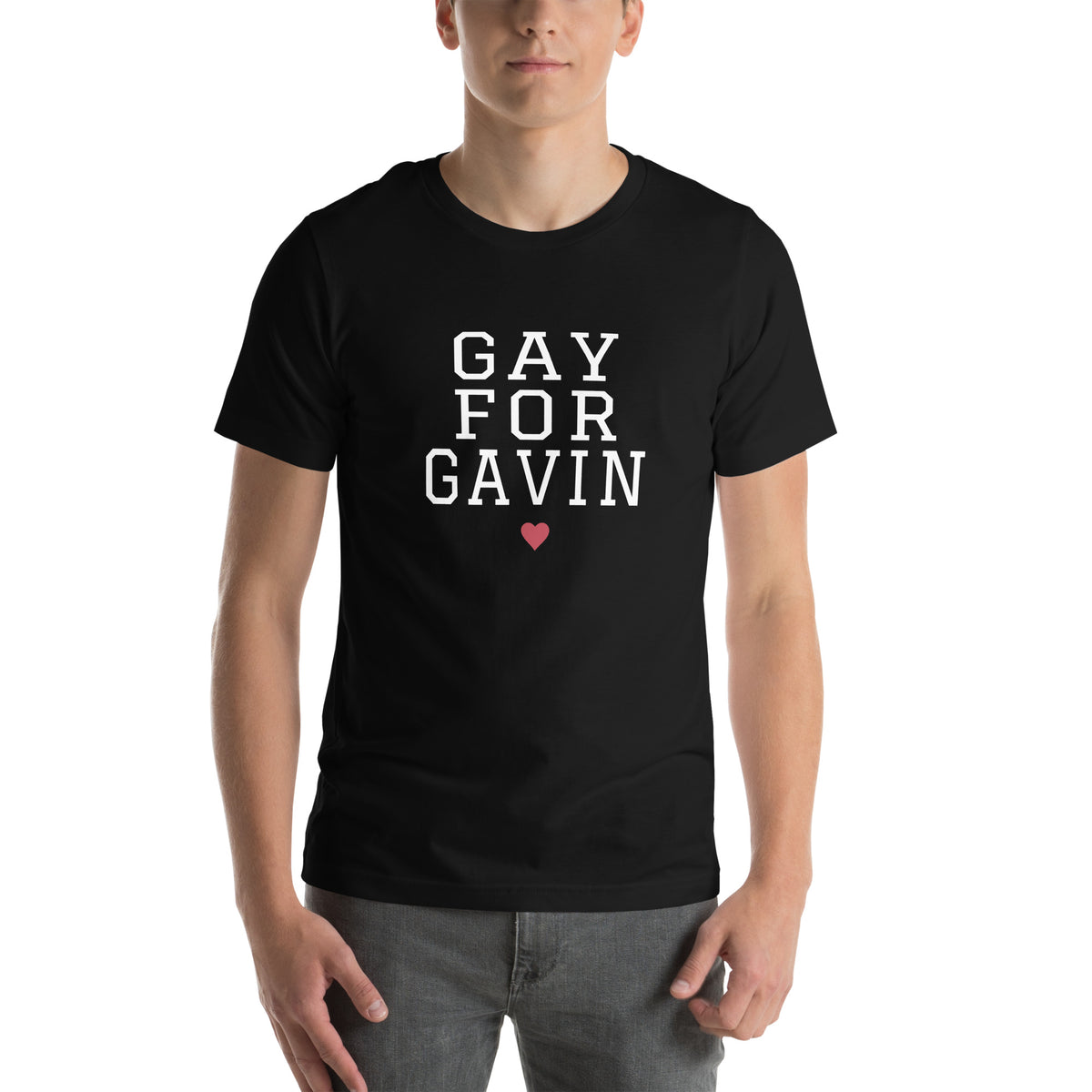 Gay for Gavin Stacked Tee in Black — front view, product mockup