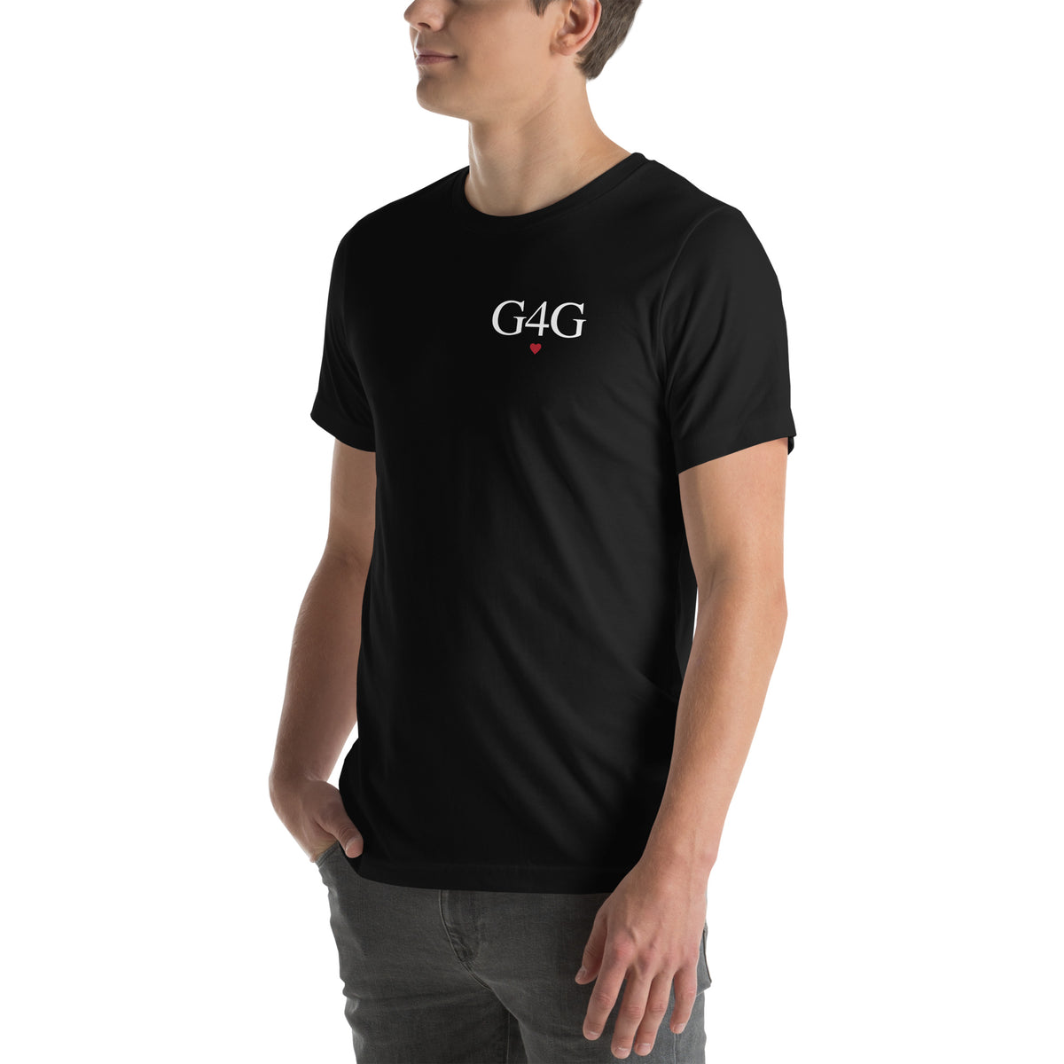 G4G Classic Tee in Black — left front view, product mockup