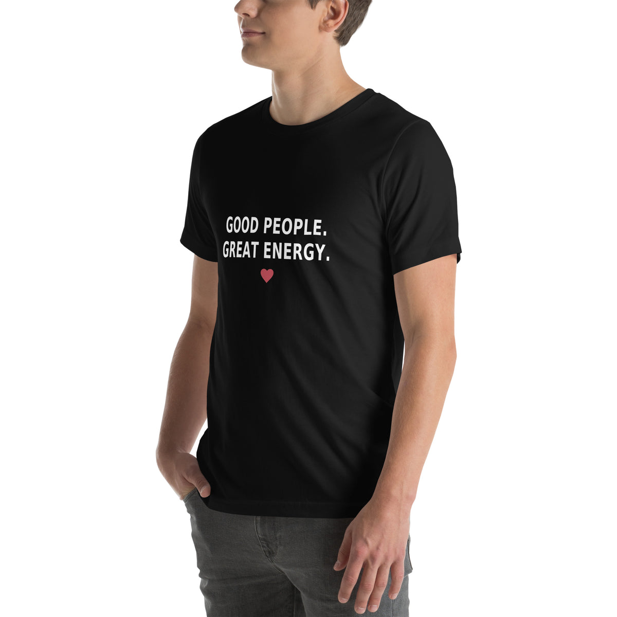 Good People Tee in Black — left front view, product mockup