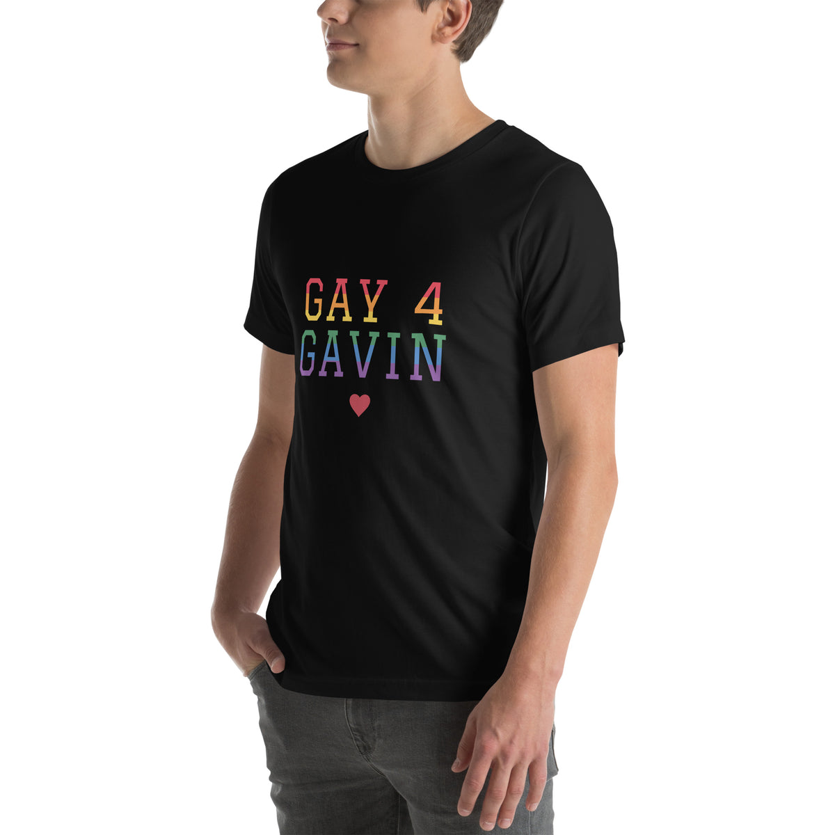 Rainbow Varsity Tee in Black — left front view, product mockup