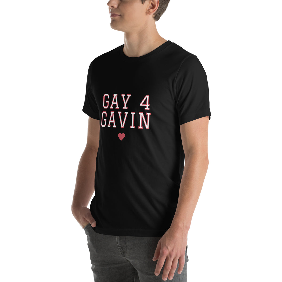 Gay 4 Gavin Varsity Tee in Black — left front view, product mockup