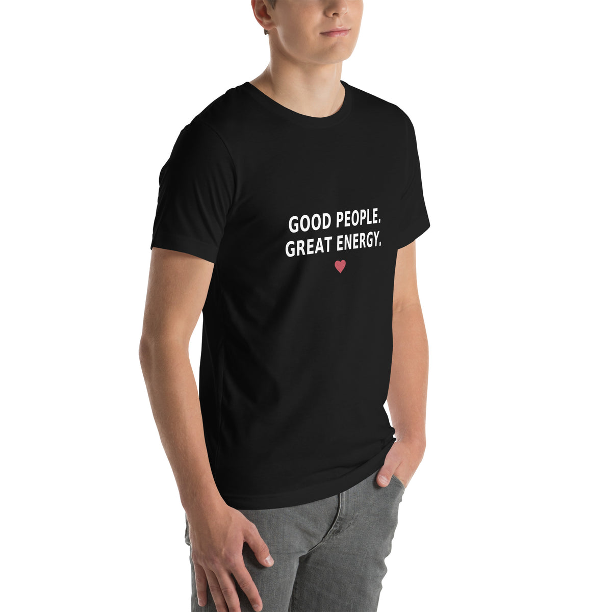 Good People Tee in Black — right front view, product mockup
