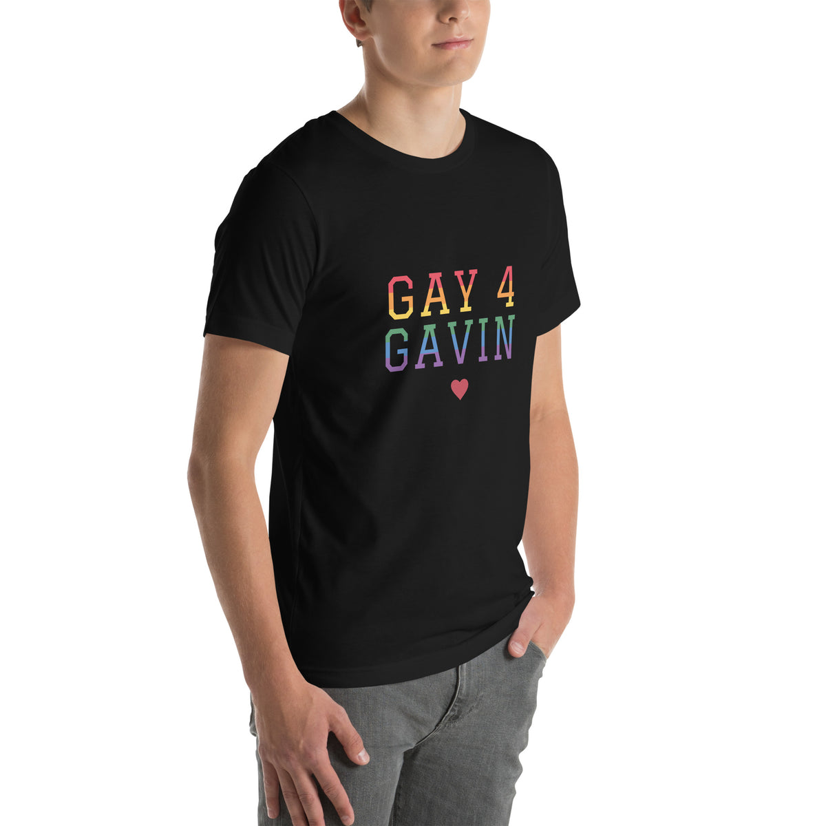 Rainbow Varsity Tee in Black — right front view, product mockup