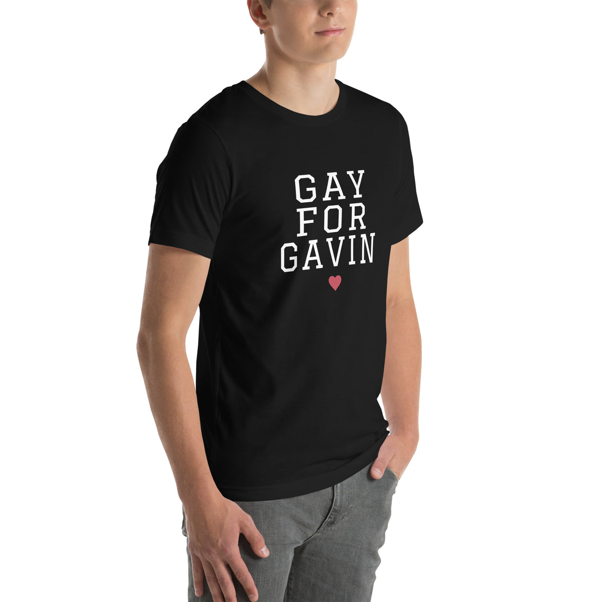 Gay for Gavin Stacked Tee in Black — right front view, product mockup