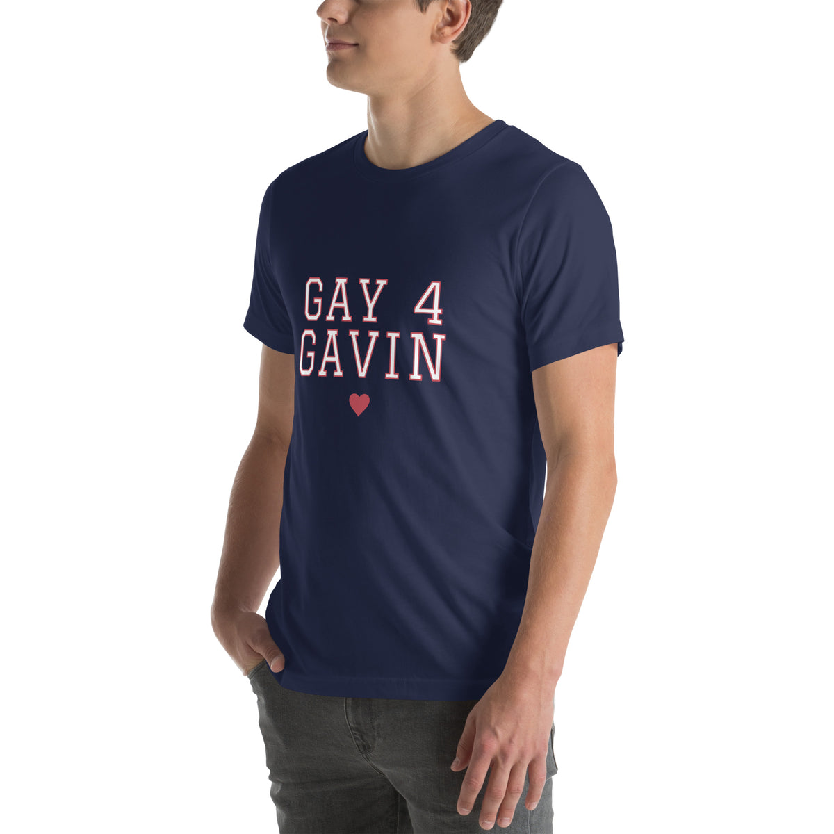 Gay 4 Gavin Varsity Tee in Navy — left front view, product mockup