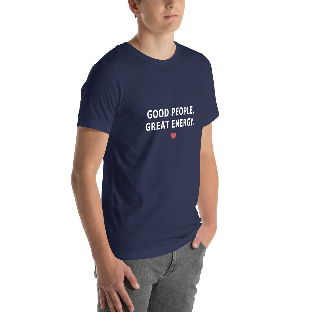 Good People Tee in Navy — right front view, product mockup