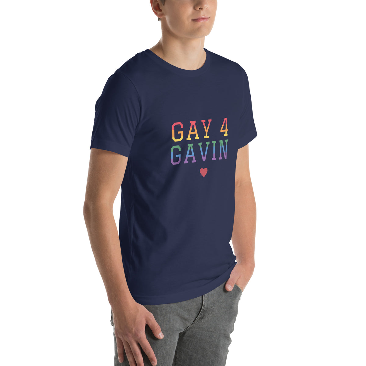Rainbow Varsity Tee in Navy — right front view, product mockup