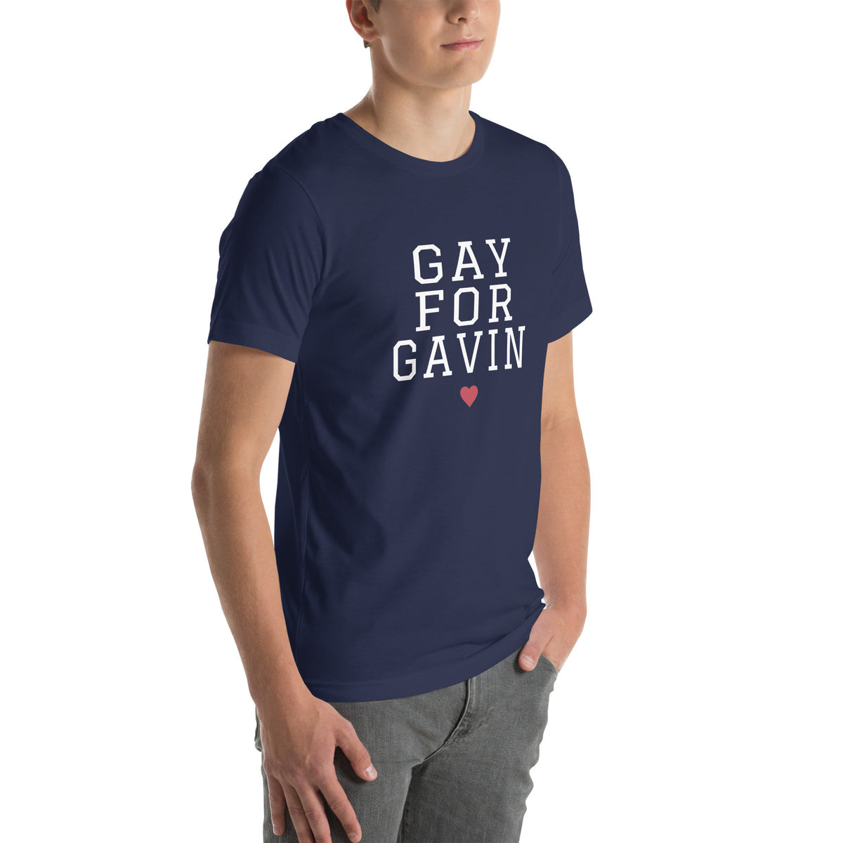 Gay for Gavin Stacked Tee in Navy — right front view, product mockup