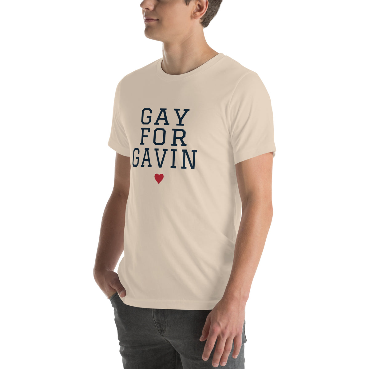 Gay for Gavin Stacked Tee in Soft Cream — left front view, product mockup