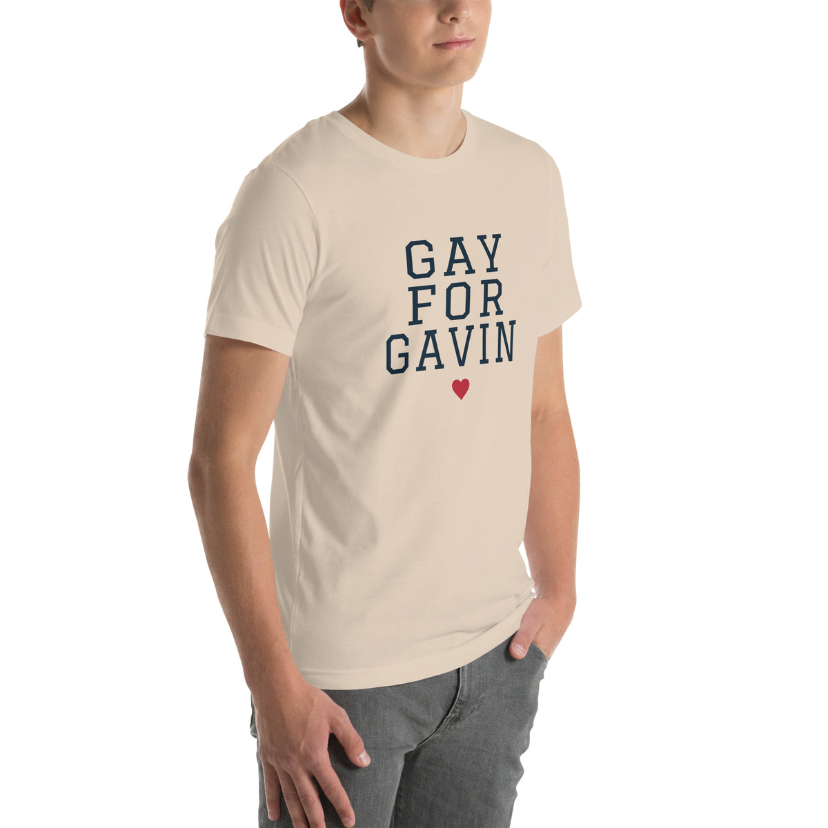 Gay for Gavin Stacked Tee in Soft Cream — right front view, product mockup