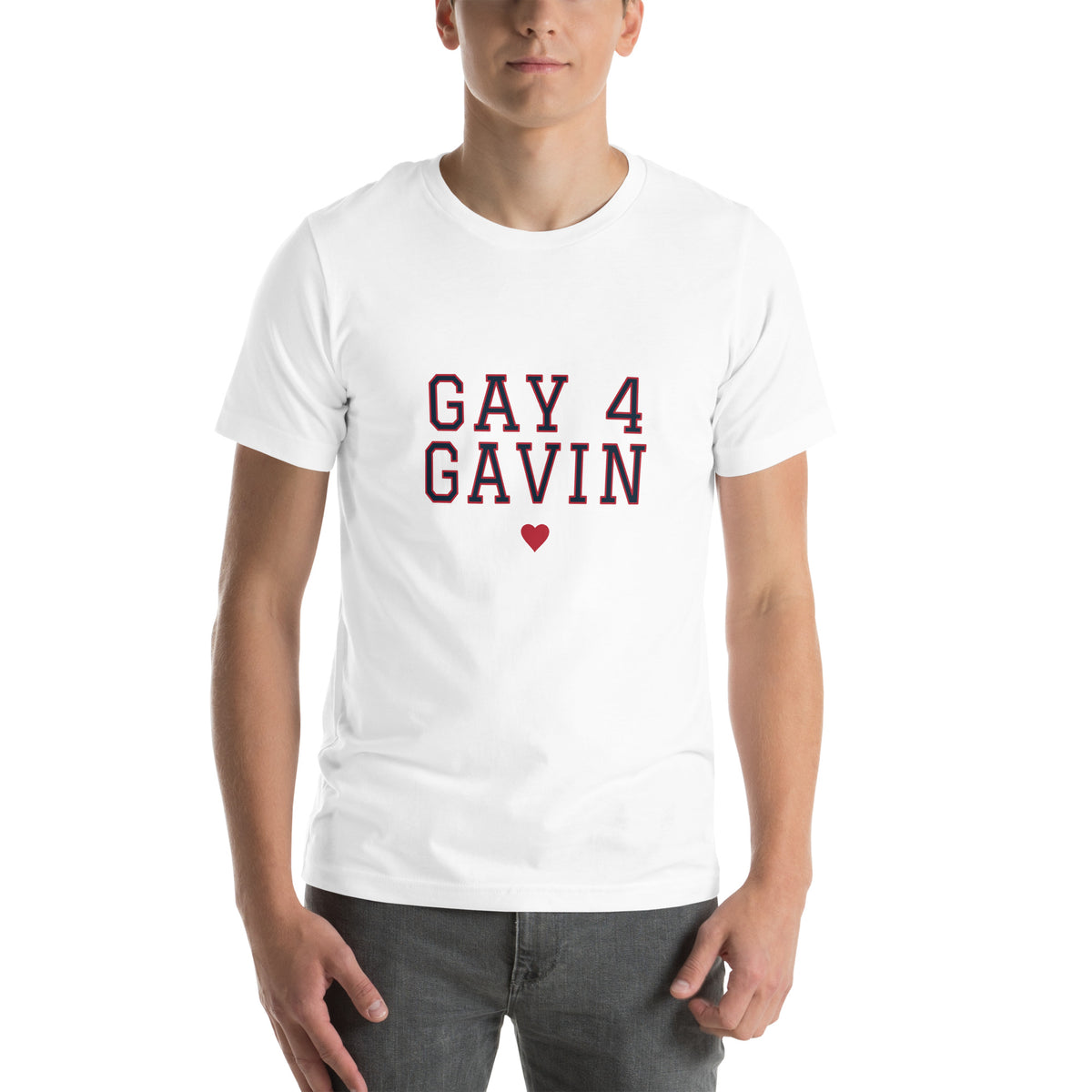 Gay 4 Gavin Varsity Tee in White — front view, product mockup