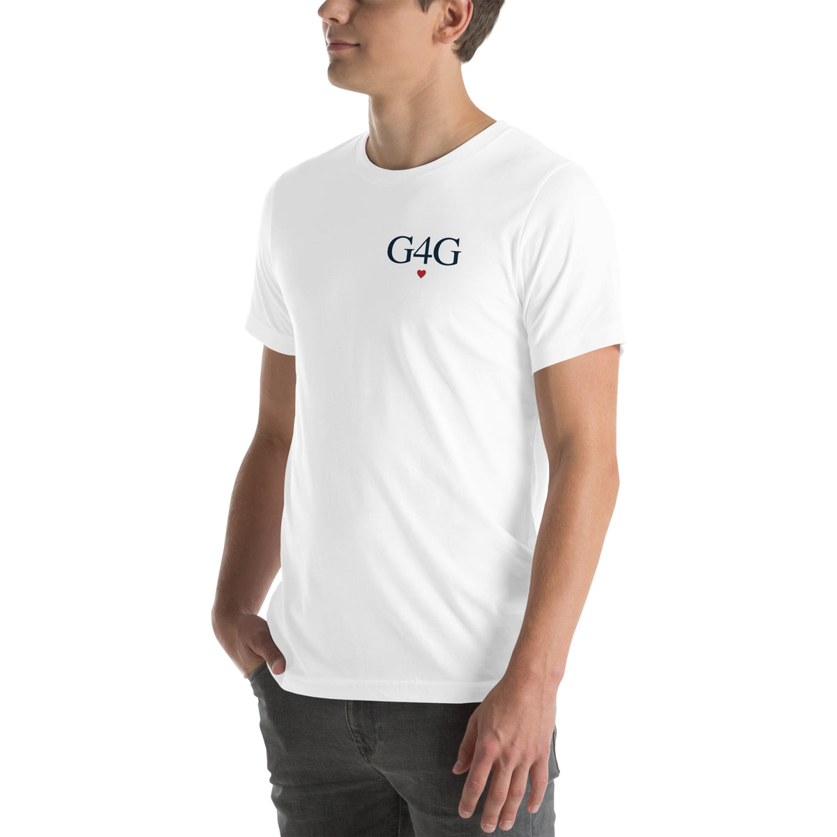G4G Classic Tee in White — left front view, product mockup