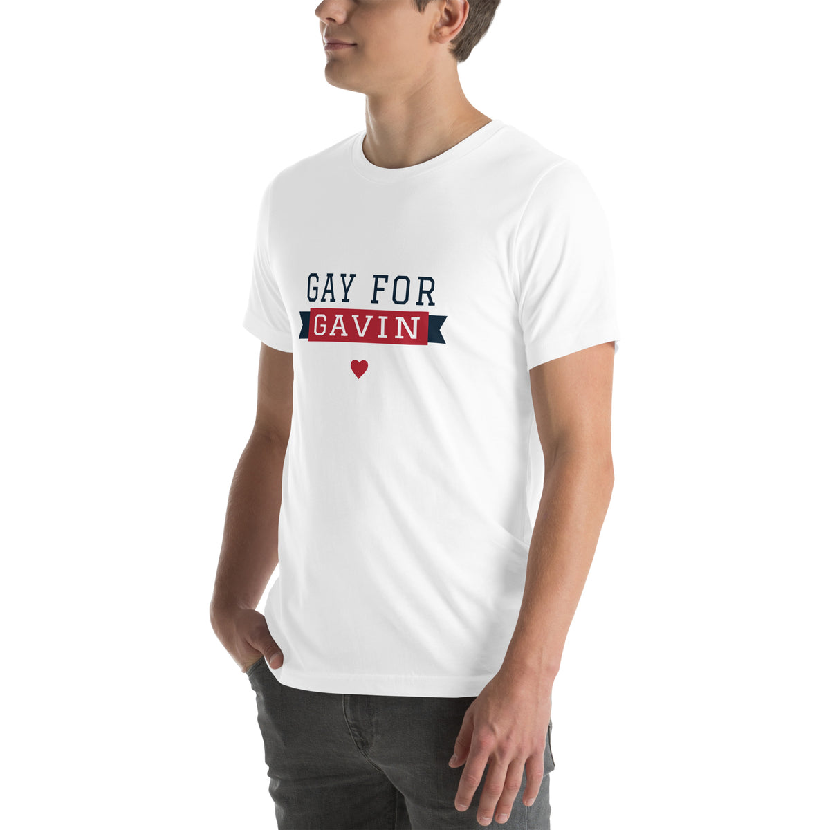 Gay for Gavin Ribbon Tee in White — left front view, product mockup
