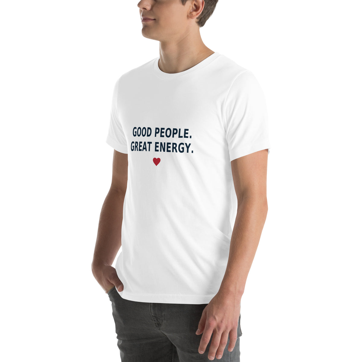 Good People Tee in White — left front view, product mockup