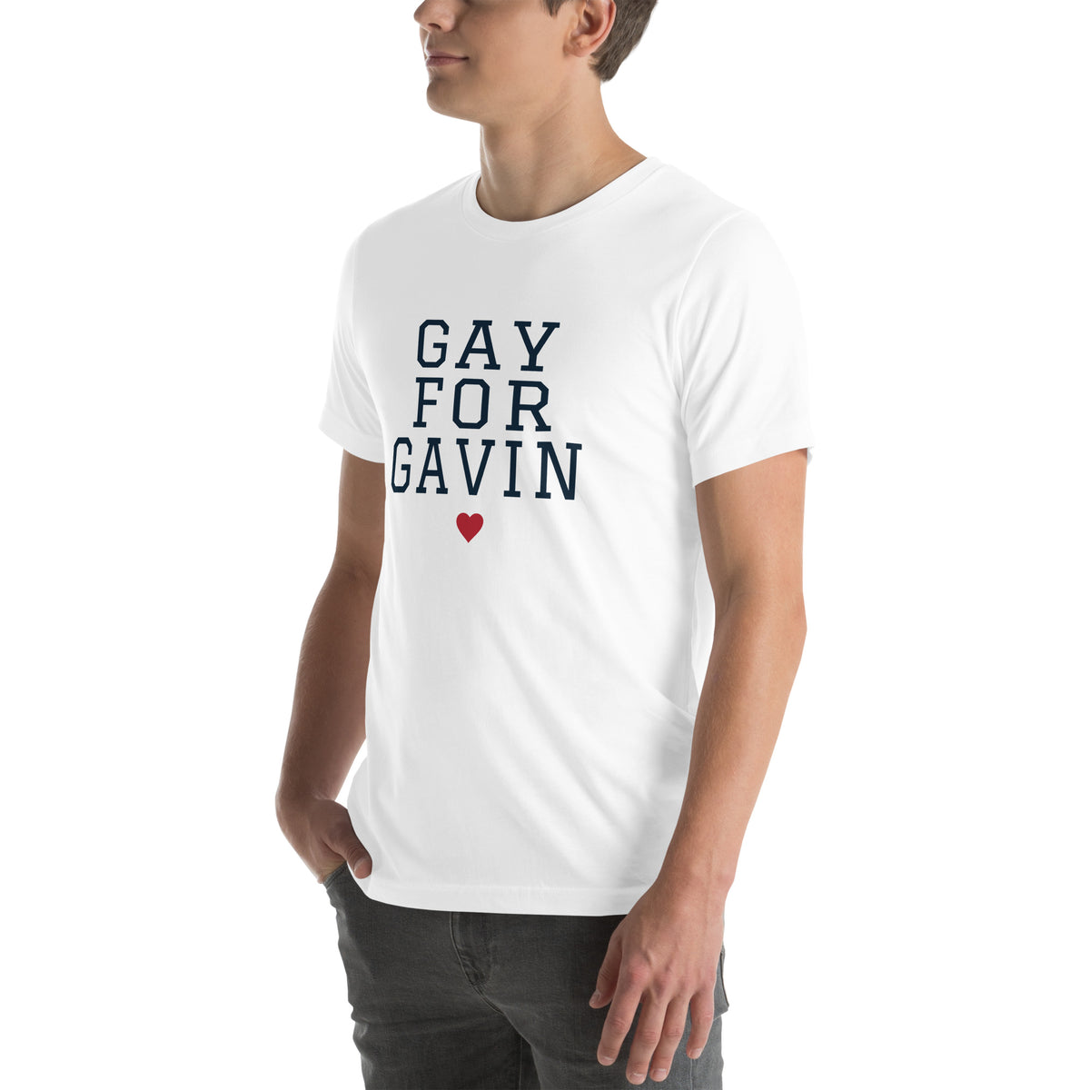 Gay for Gavin Stacked Tee in White — left front view, product mockup