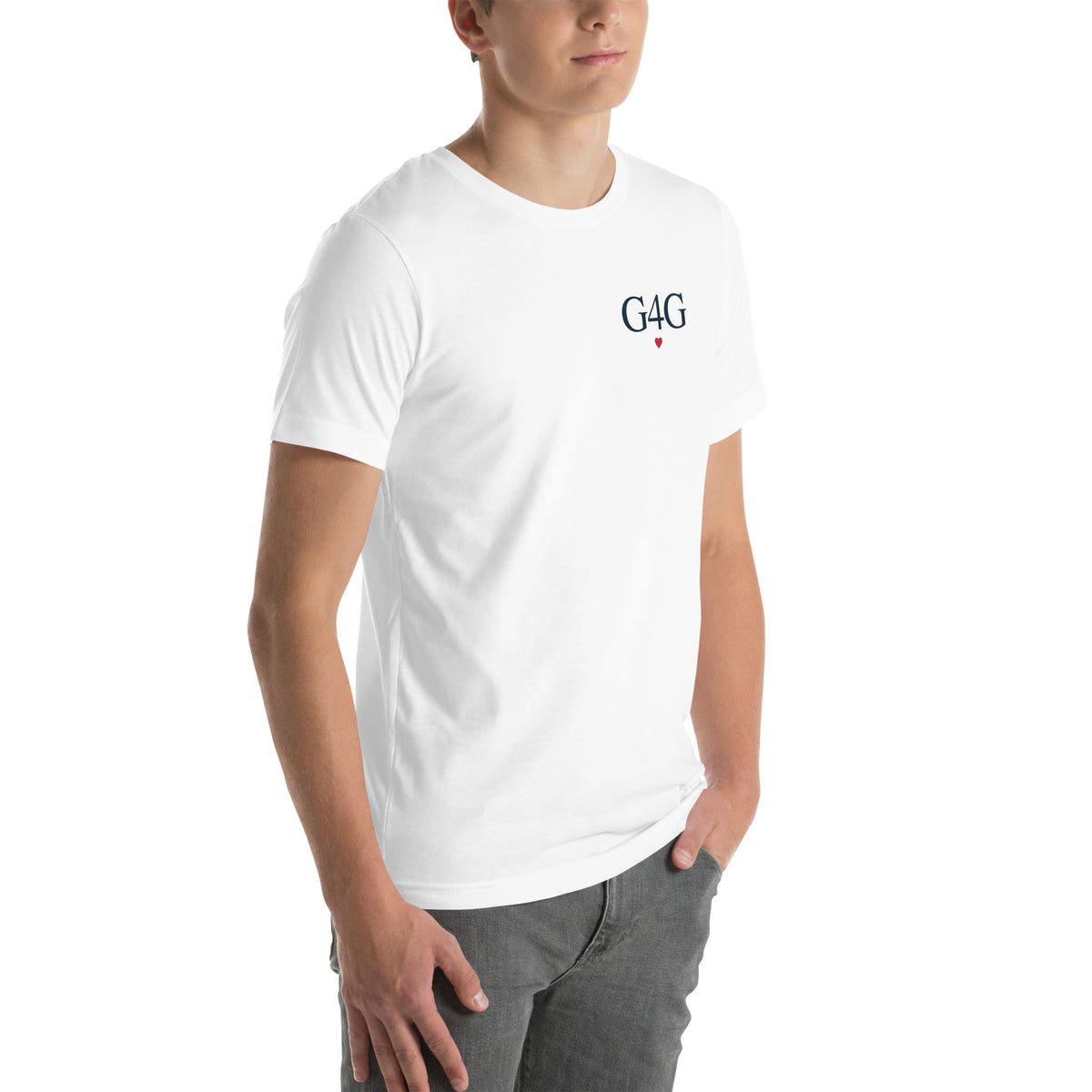 G4G Classic Tee in White — right front view, product mockup