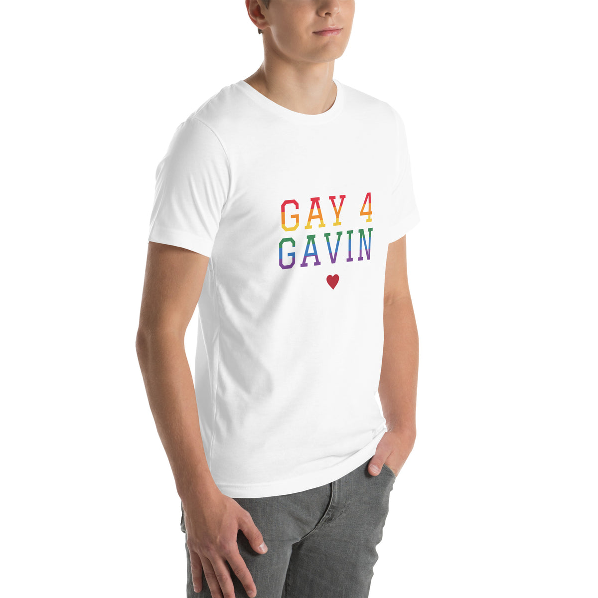 Rainbow Varsity Tee in White — right front view, product mockup