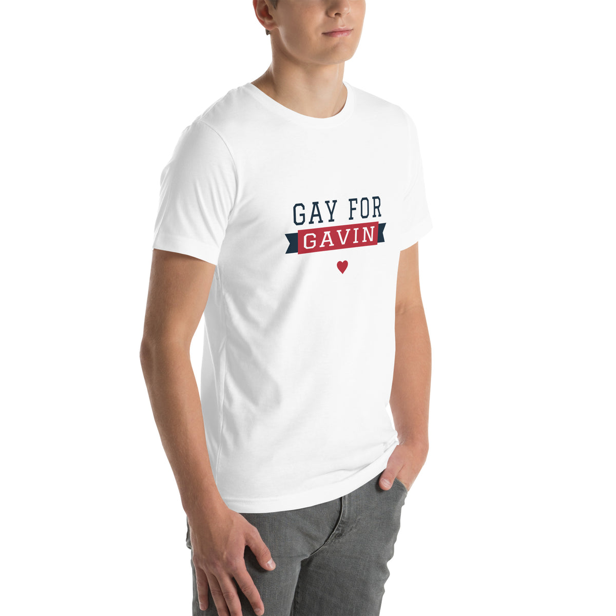 Gay for Gavin Ribbon Tee in White — right front view, product mockup