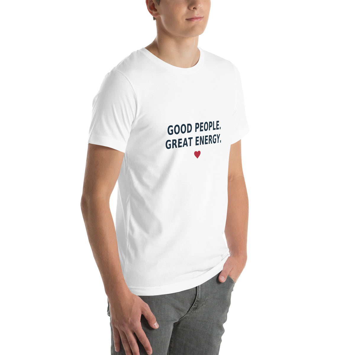 Good People Tee in White — right front view, product mockup