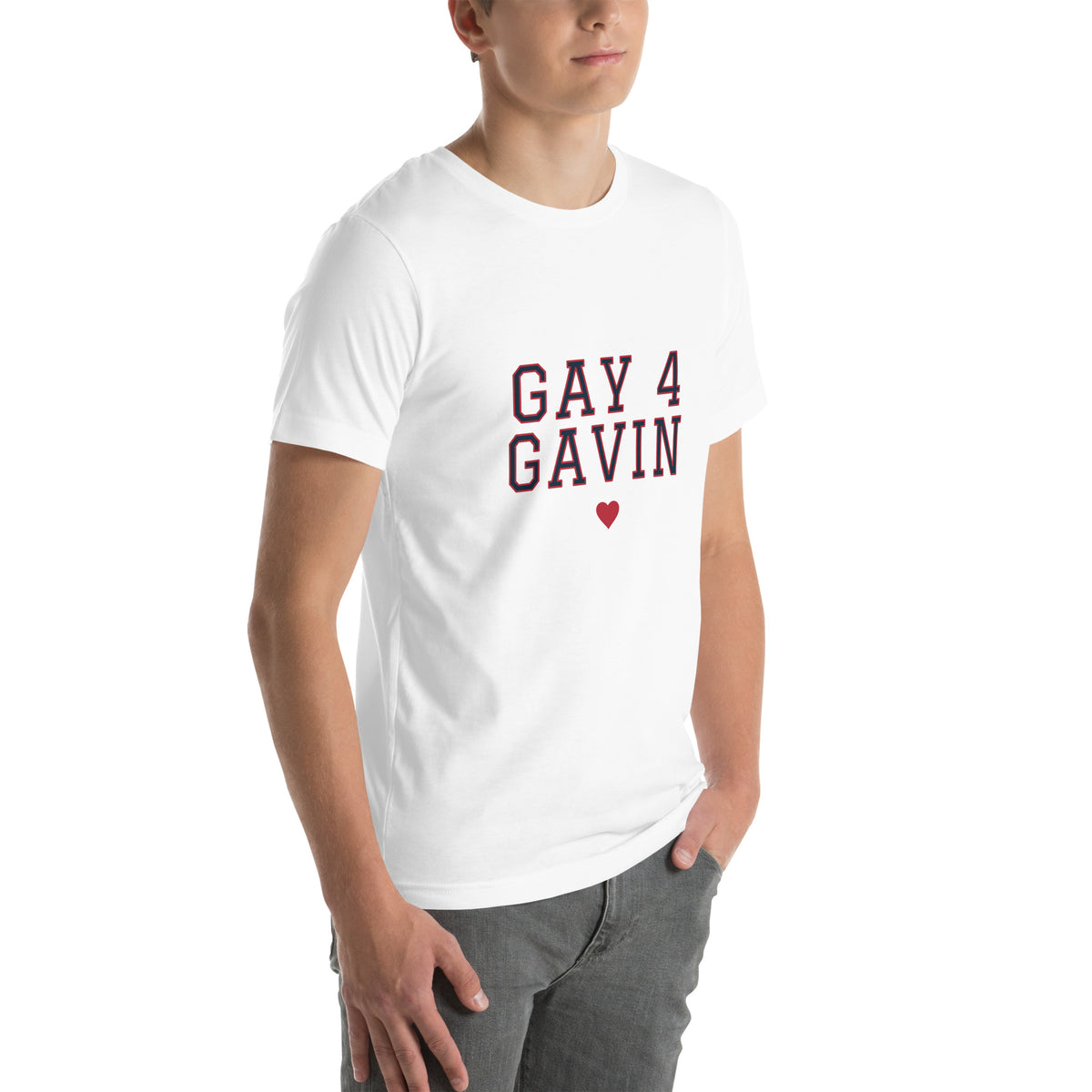 Gay 4 Gavin Varsity Tee in White — right front view, product mockup