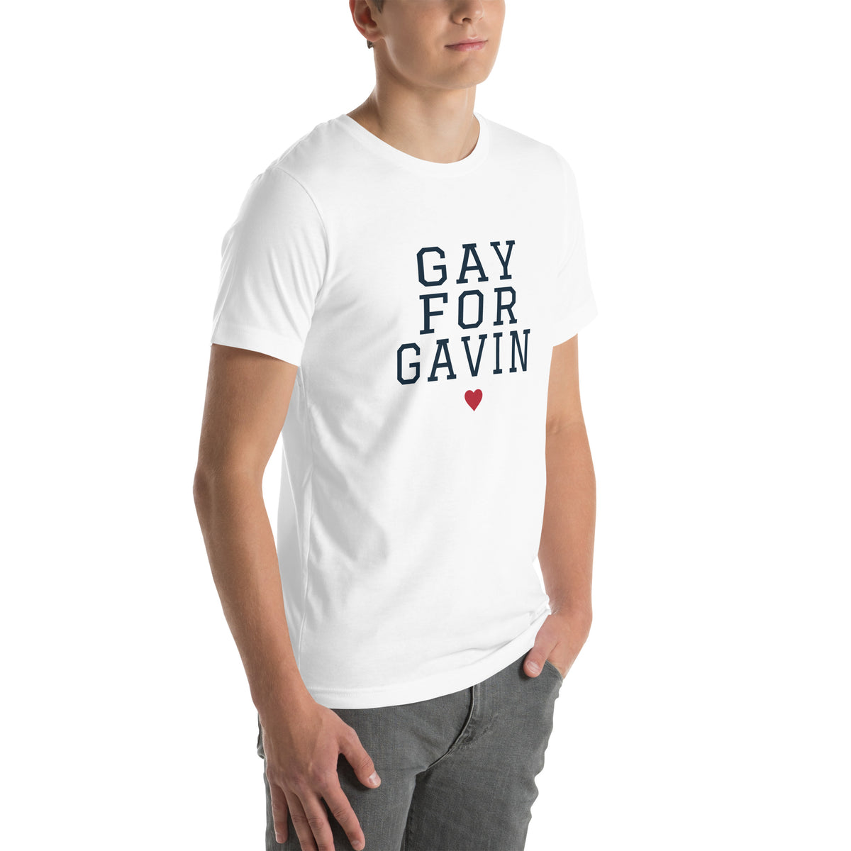 Gay for Gavin Stacked Tee in White — right front view, product mockup